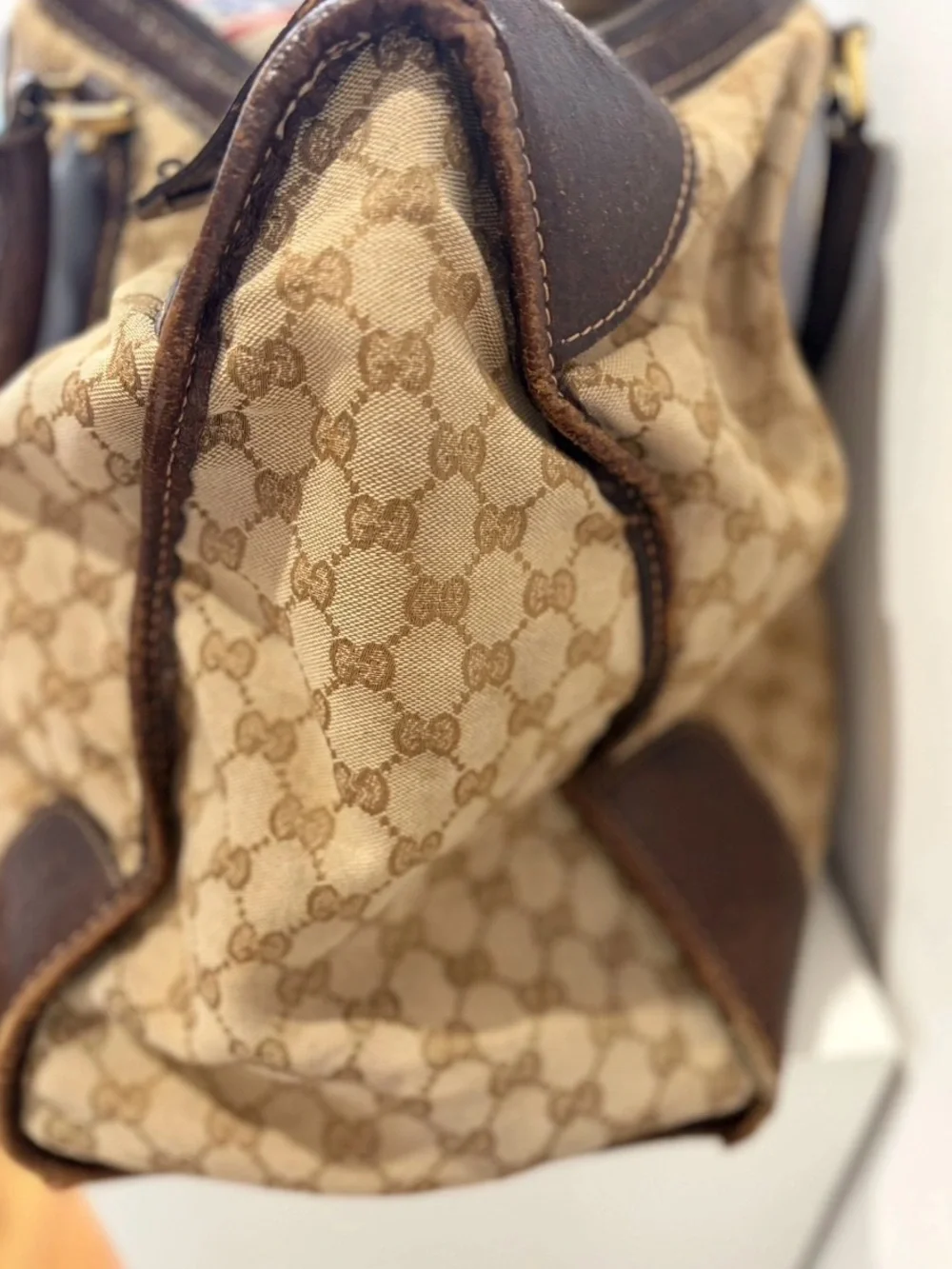 Gucci Beige Monogram Canvas Duffel with Brown Leather Trim
